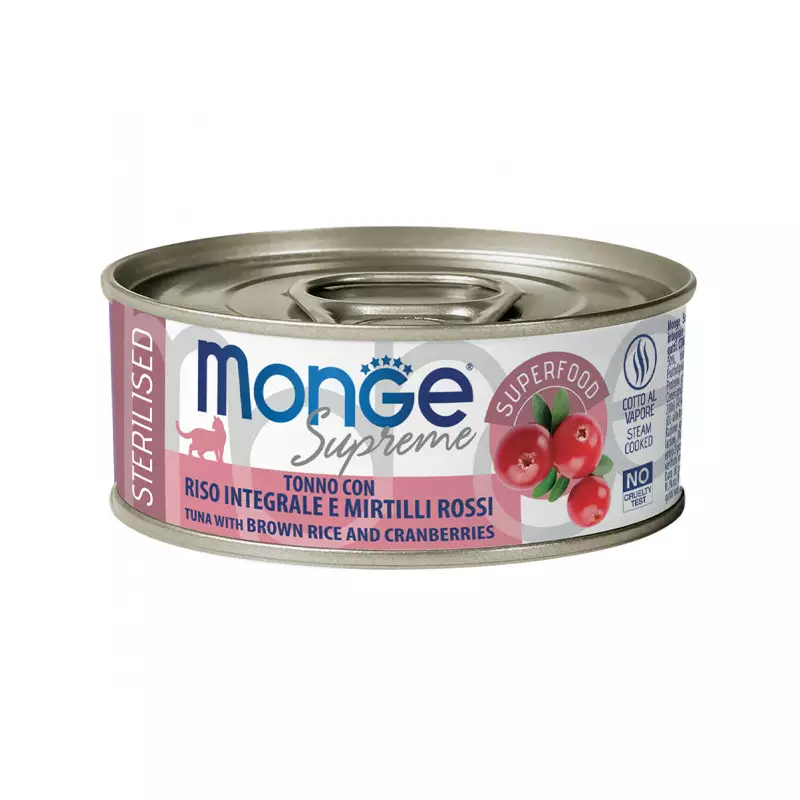 Monge - Supreme sterilisierter Thunfisch für ausgewachsene Katzen, brauner Reis und Preiselbeeren, 80 g. Monge - Supreme sterilisierter Thunfisch für ausgewachsene Katzen, brauner Reis und Preiselbeeren, 80 g.