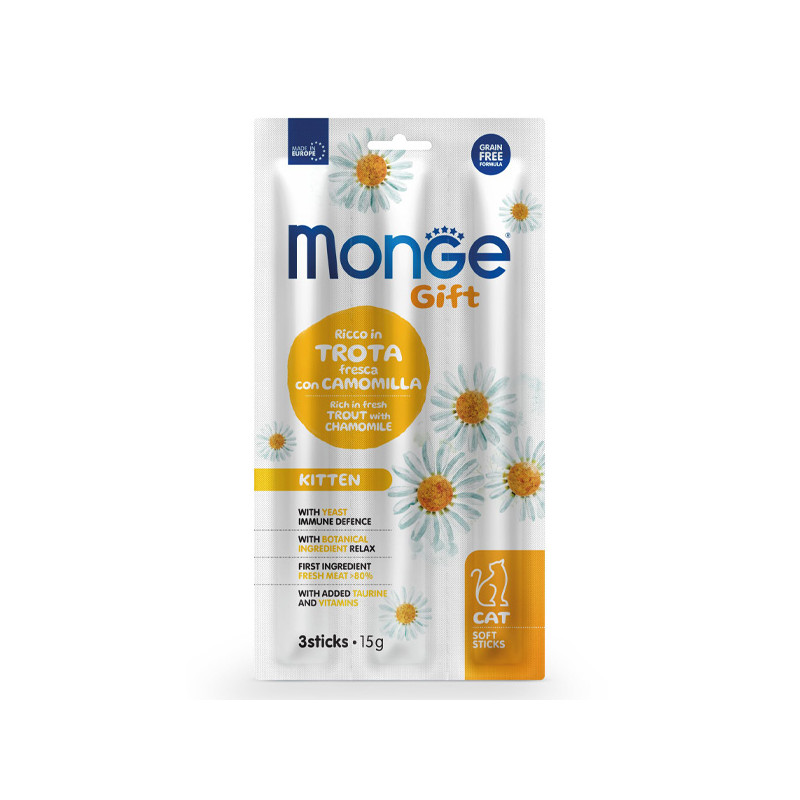 Monge - Snack Gift Soft Sticks Kitten Truite Fresca avec Camomilla 45 g. Monge - Snack Gift Soft Sticks Kitten Truite Fresca avec Camomilla 45 g.