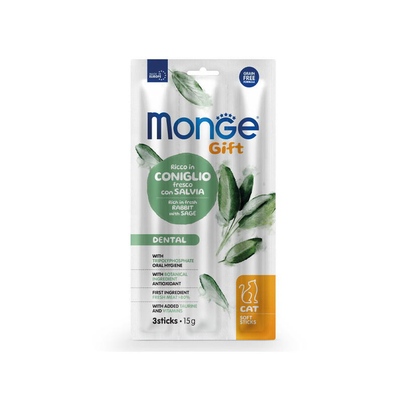 Monge - Snack Gift Adult Soft Sticks Dental Riche en Lapin frais avec Salvia 45 g. Monge - Snack Gift Adult Soft Sticks Dental Riche en Lapin frais avec Salvia 45 g.