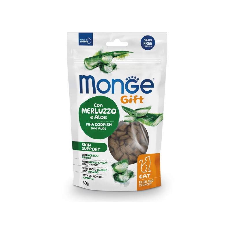 Monge - Snack Gift Adult Skin Support mit Kabeljau und Aloe gefüllt und knusprig 60 gr. Ergänzungsfuttermittel für Katzen