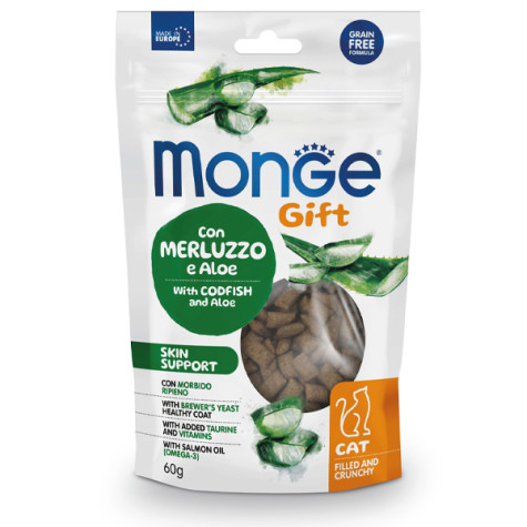 Monge - Snack Gift Adult Skin Support mit Kabeljau und Aloe gefüllt und knusprig 60 gr. Ergänzungsfuttermittel für Katze