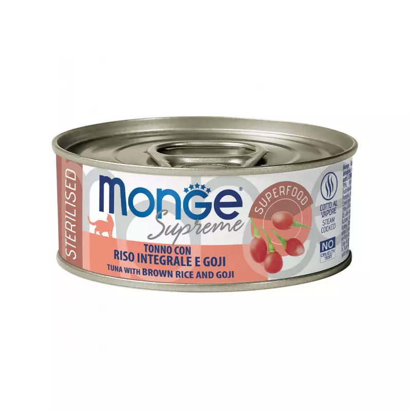 Monge - Supreme Sterilised Adult Cat Thunfisch, brauner Reis und Goji 80 gr. Monge - Supreme Sterilised Adult Cat Thunfisch, brauner Reis und Goji 80 gr.