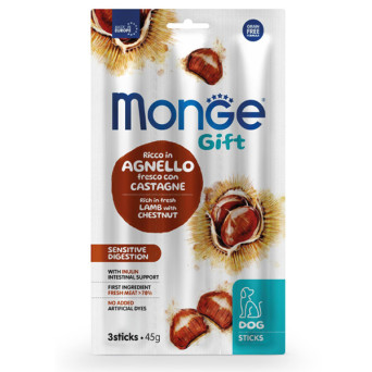 Monge - Snack Dog Sticks Adult Sensitive Digestion Ricco in Agnello Fresco con Castagne 45 gr. - 