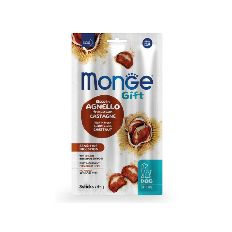 Monge - Snack Dog Sticks Adult Sensitive Digestion Riche en Agneau frais avec Castagne 45 g. Monge - Snack Dog Sticks Adult Sensitive Digestion Riche en Agneau frais avec Castagne 45 g.