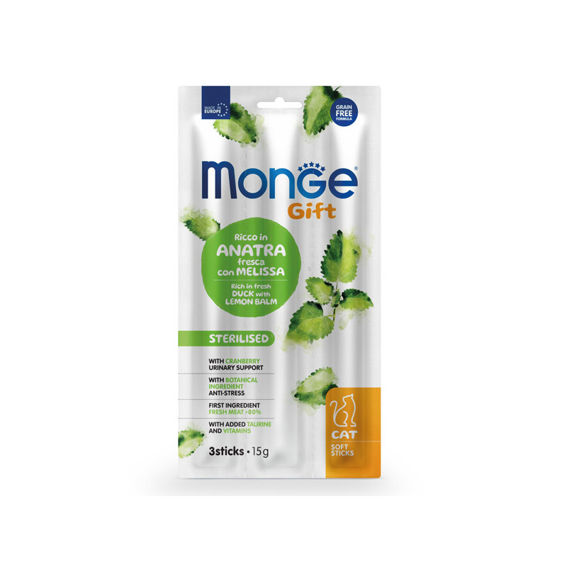 Monge - Snack Gif Adult Soft Sticks Sterilised Riche en Canard Fresca avec Melissa 45 g. Monge - Snack Gif Adult Soft Sticks Sterilised Riche en Canard Fresca avec Melissa 45 g.