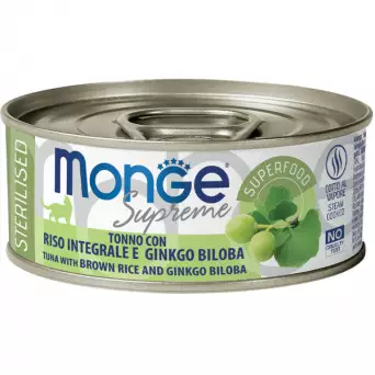 Monge - Supreme sterilisierter erwachsener Katzen-Thunfisch, brauner Reis und Ginkgo Biloba 80 gr. - 