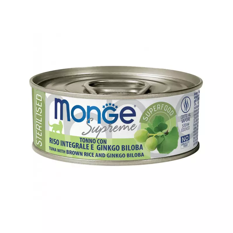 Monge - Supreme sterilisierter erwachsener Katzen-Thunfisch, brauner Reis und Ginkgo Biloba 80 gr. Monge - Supreme sterilisierter erwachsener Katzen-Thunfisch, brauner Reis und Ginkgo Biloba 80 gr.