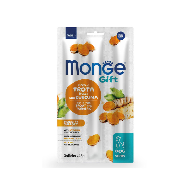 Monge - Snack Dog Sticks Adult Mobility Support Riche en Truite Fresca avec Curcuma 45 g. Monge - Snack Dog Sticks Adult Mobility Support Riche en Truite Fresca avec Curcuma 45 g.