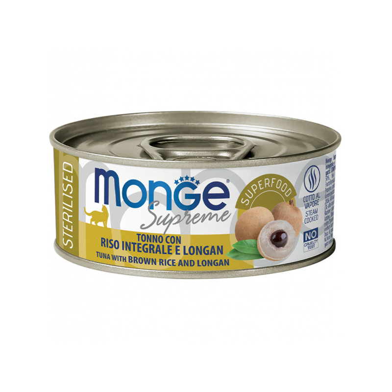 Monge - Supreme sterilisierter Thunfisch für ausgewachsene Katzen, brauner Reis und Longan, 80 g.