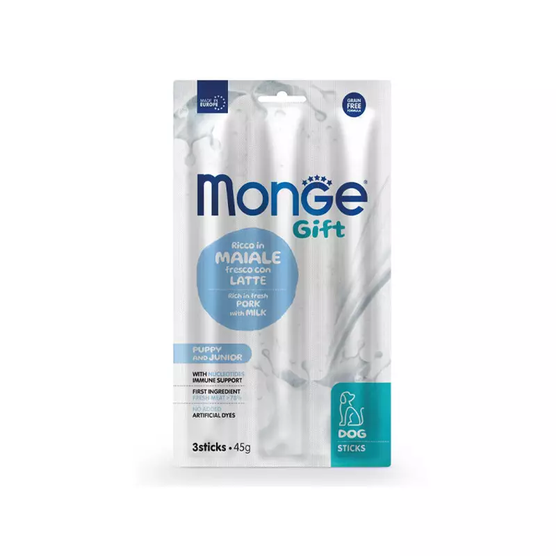 Monge - Snack Dog Sticks Puppy & Junior Growth Rich in Fresh Pork with Milk 45 gr. Monge - Snack Dog Sticks Puppy & Junior Growth Rich in Fresh Pork with Milk 45 gr.