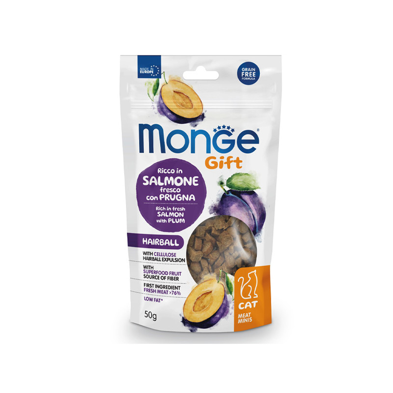 Monge - Snack Gift Adult Meat Minis Hairball Riche en Saumon frais avec Prugna 50 g. Monge - Snack Gift Adult Meat Minis Hairball Riche en Saumon frais avec Prugna 50 g.