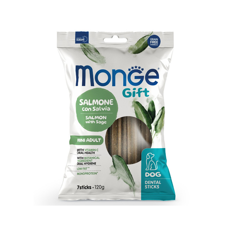 Monge - Snack Gift Adult Mini Stick Dental Saumon avec Salvia 120 g. Monge - Snack Gift Adult Mini Stick Dental Saumon avec Salvia 120 g.