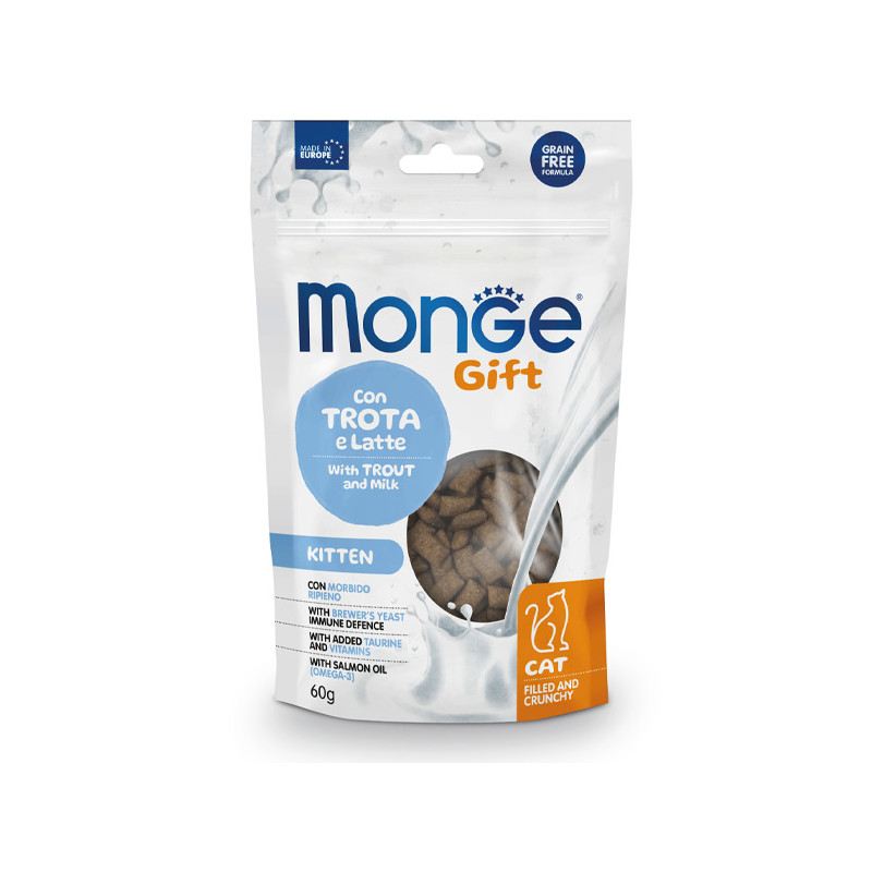 Monge - Snack Gift Kitten Truite et Latte Filled And Crunchy 60 g. Monge - Snack Gift Kitten Truite et Latte Filled And Crunchy 60 g.