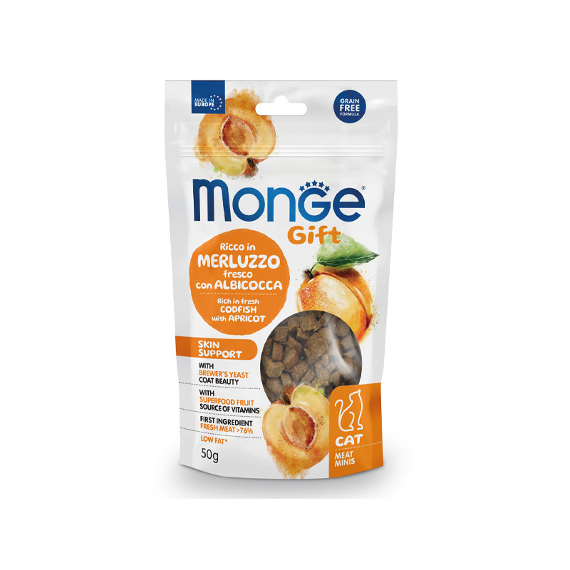 Monge – Snack-Geschenk für Erwachsene, Fleisch-Minis, hautunterstützend, reich an frischem Kabeljau mit Aprikose, 50 g.
