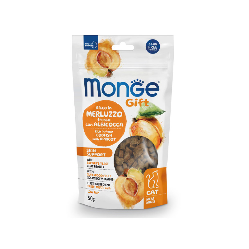 Monge - Snack Gift Adult Meat Minis Skin Support Riche en Cabillaud frais avec Albicocca 50 g. Monge - Snack Gift Adult Meat Minis Skin Support Riche en Cabillaud frais avec Albicocca 50 g.