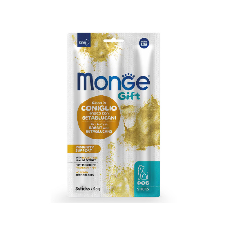 Monge - Snack Dog Sticks Adult Immunity Support Riche en Lapin frais avec Betaglucani 45 g. Monge - Snack Dog Sticks Adult Immunity Support Riche en Lapin frais avec Betaglucani 45 g.
