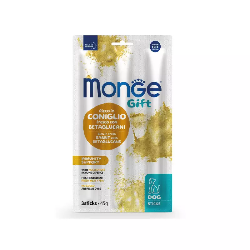 Monge – Snack-Hundesticks zur Unterstützung der Immunität für Erwachsene, reich an frischem Kaninchen mit Betaglucanen, 45 g.