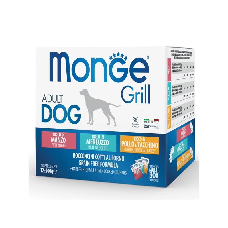 Monge - Grill Adult Multibox Mix Bœuf - Cabillaud - Poulet 12 x 100 Gr. Monge - Grill Adult Multibox Mix Bœuf - Cabillaud - Poulet 12 x 100 Gr.