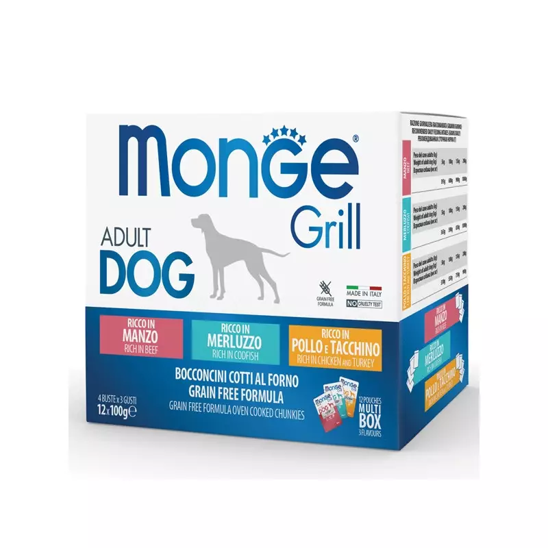 Monge - Grill Adult Multibox Mix Manzo - Merluzzo - Pollo 12 x 100 Gr. Monge - Grill Adult Multibox Mix Manzo - Merluzzo - Pollo 12 x 100 Gr.