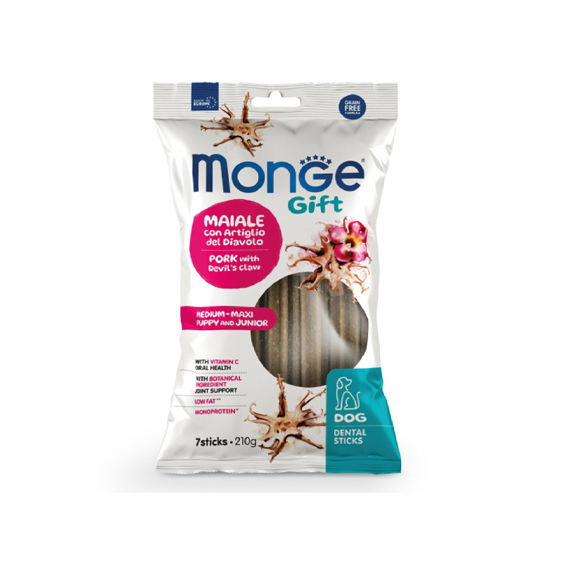 Monge - Snack Gift Puppy et Junior Medium Maxi Stick Dental Porc avec Artiglio Del Diavolo 210 g.