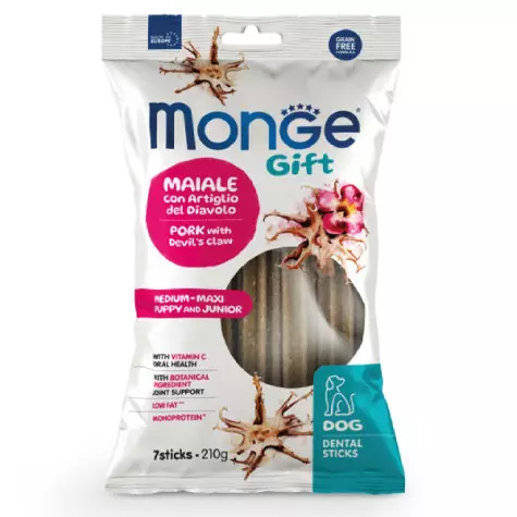 Monge - Snack Gift Puppy & Junior Medium Maxi Stick Dental Schweinefleisch mit Teufelskralle 210 gr. -