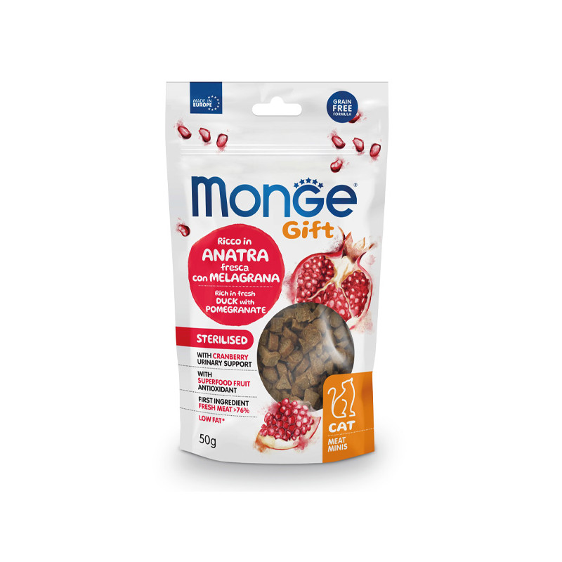Monge - Snack Gift Adult Meat Minis Sterilised Riche en Canard Fresca avec Melagrana 50 g.