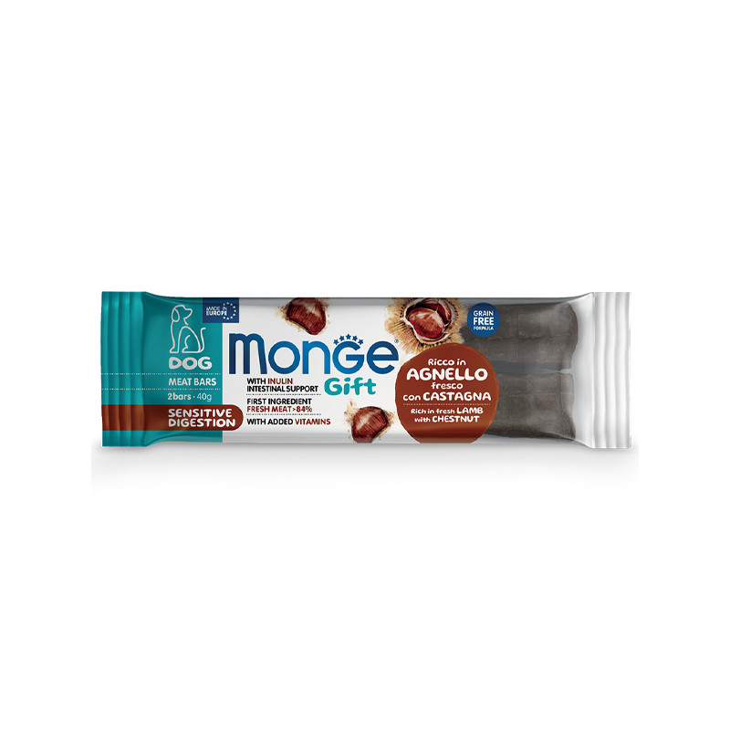 Monge – Snack-Hundefleischriegel für Erwachsene, für empfindliche Verdauung, reich an frischem Lammfleisch mit Kastanien, 40 g.
