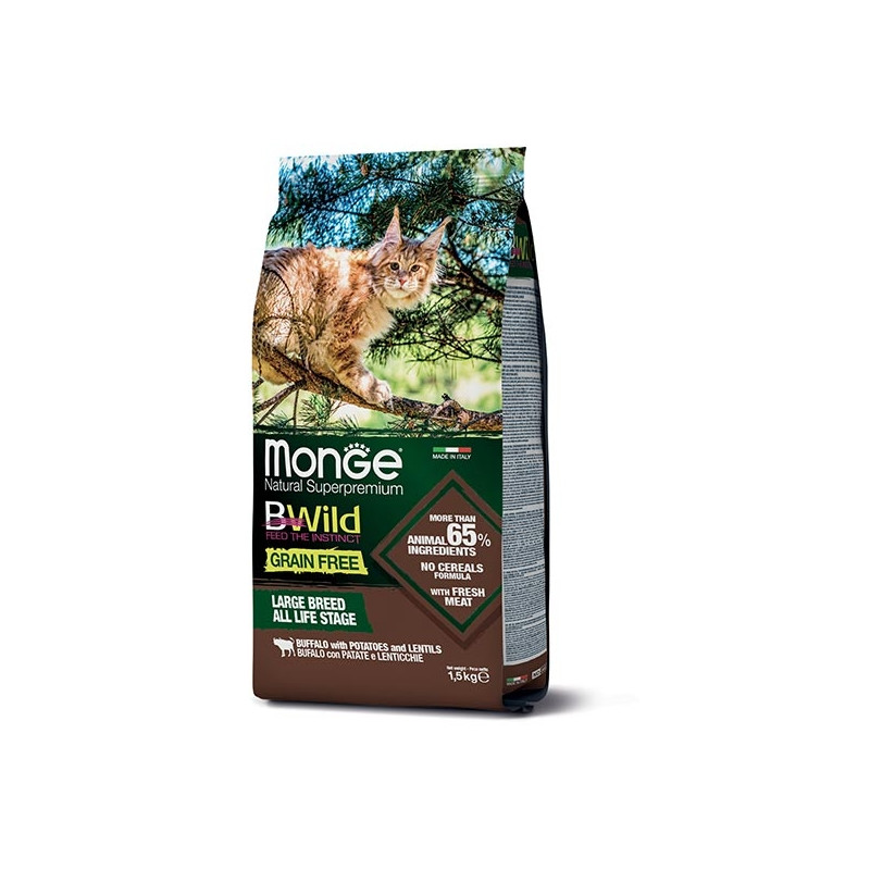 Monge - BWild Grain Free All Life Stage Adult Large Breed con Bufalo, Patate e Lenticchie 1,50 KG.