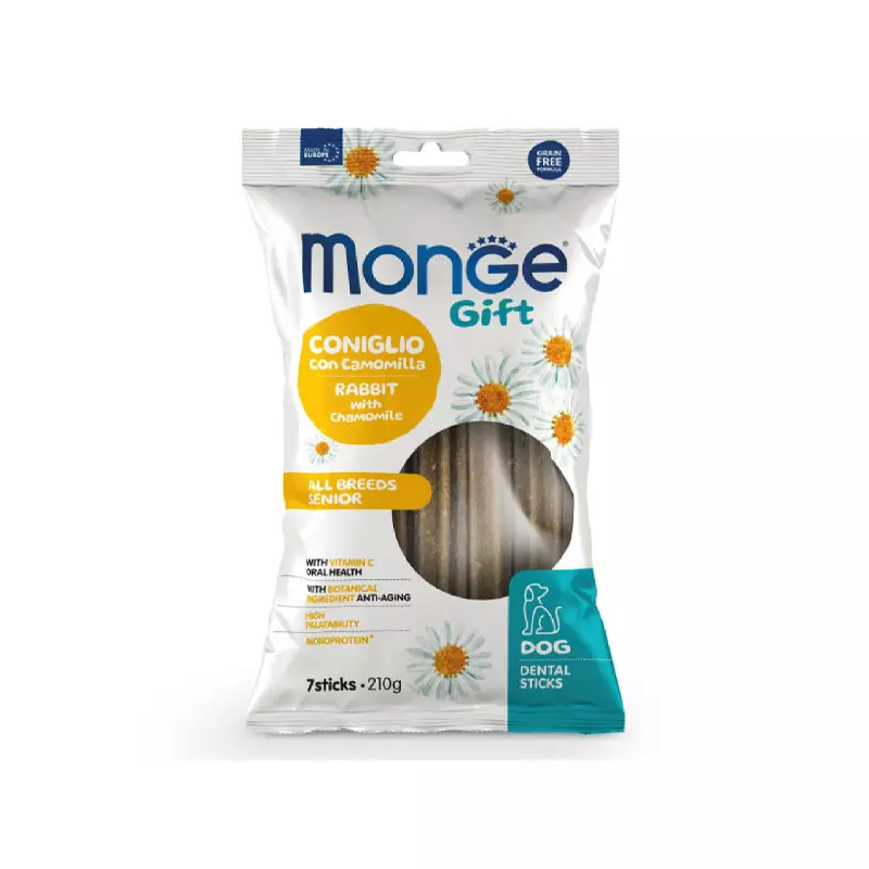 Monge - Snack Gift Senior All Breed Stick Dental Coniglio con Camomilla 210 gr. Monge - Snack Gift Senior All Breed Stick Dental Coniglio con Camomilla 210 gr.