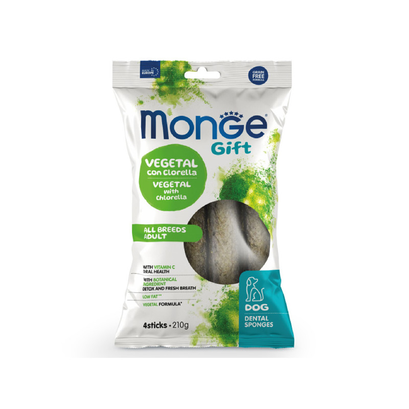 Monge – Snack-Geschenk für Erwachsene, alle Rassen, Stick-Zahnschwämme, Vegetal con Clorella e Menta, 210 g.