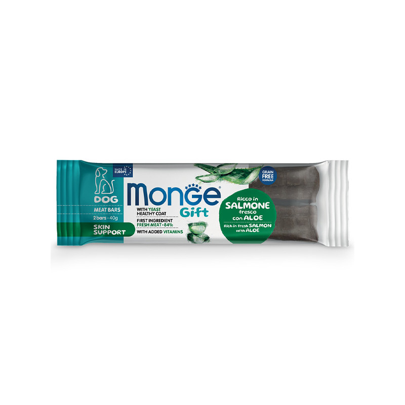 Monge – Snack-Hundefleischriegel zur Unterstützung der Haut von Erwachsenen, Ricco in Salmone Fresco con Aloe, 40 g.