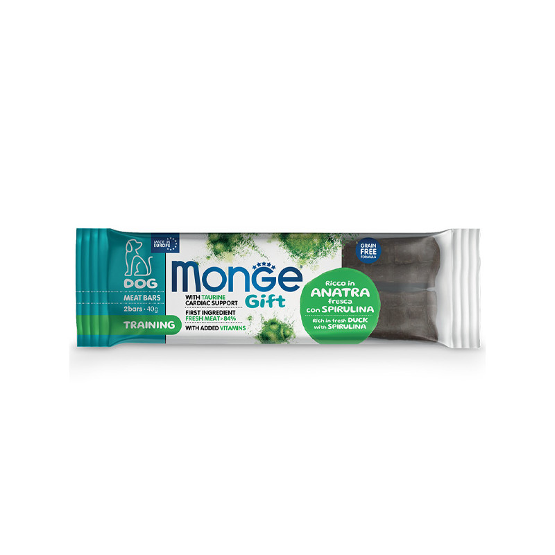 Monge – Snack-Hundefleischriegel, Erwachsenentraining, Ricco in Anatra, Fresca mit Spirulina, 40 g.
