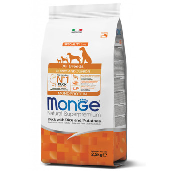 Monge – Natural Superpremium All Breeds Puppy & Junior Monoprotein Anatra e Riso 2,50 KG - 