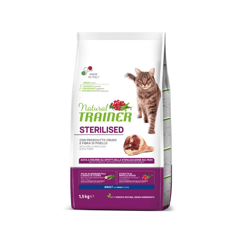 Trainer - Natural Adult Sterilised avec Jambon cru et Fibra di Pisello 1.5Kg Trainer - Natural Adult Sterilised avec Jambon cru et Fibra di Pisello 1.5Kg