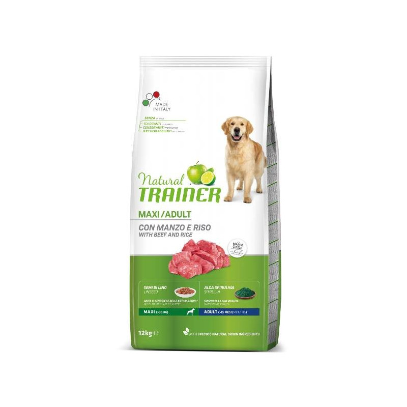 Natural Trainer - Adult Maxi avec Bœuf et Riz 12 kg Natural Trainer - Adult Maxi avec Bœuf et Riz 12 kg