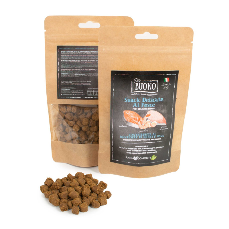 FARM COMPANY Buono Snack Delicate al Saumon, Poisson Azzurro,Gamberi et Petits pois 80 g. FARM COMPANY Buono Snack Delicate al Saumon, Poisson Azzurro,Gamberi et Petits pois 80 g.