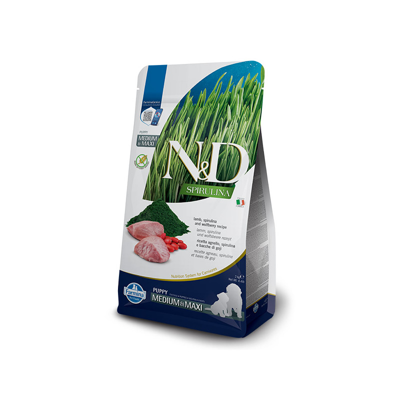 Farmina - Natural et Delicious Spirulina Puppy Medium et Maxi avec Agneau, Spirulina et Bacche di Goji 7KG Farmina - Natural et Delicious Spirulina Puppy Medium et Maxi avec Agneau, Spirulina et Bacche di Goji 7KG