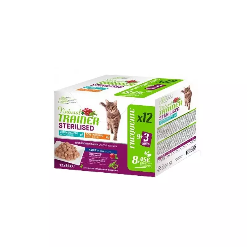 Trainer - Natural Feline Multipack Sterilized with Turkey and Cod 12 bags of 85 g Trainer - Natural Feline Multipack Sterilized with Turkey and Cod 12 bags of 85 g