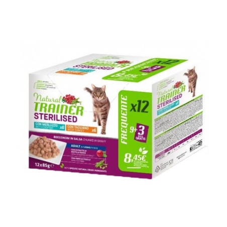 Trainer - Natural Feline Multipack Sterilised con Tacchino e Merluzzo 12 buste da 85 gr - 