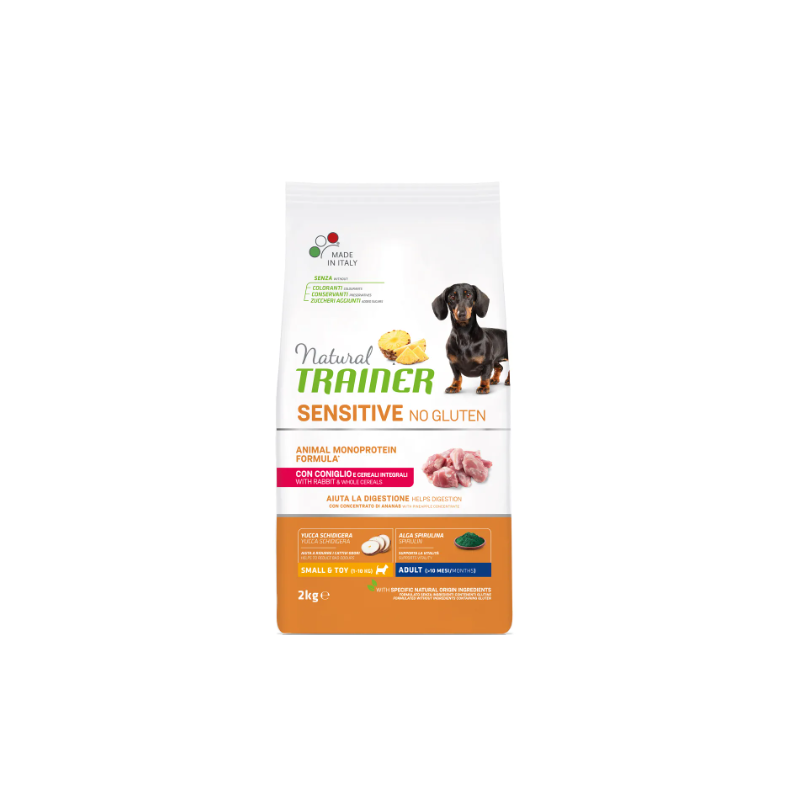 TRAINER Natural Sensitive Plus No Gluten Small et Toy Adult avec Lapin 2 kg. TRAINER Natural Sensitive Plus No Gluten Small et Toy Adult avec Lapin 2 kg.