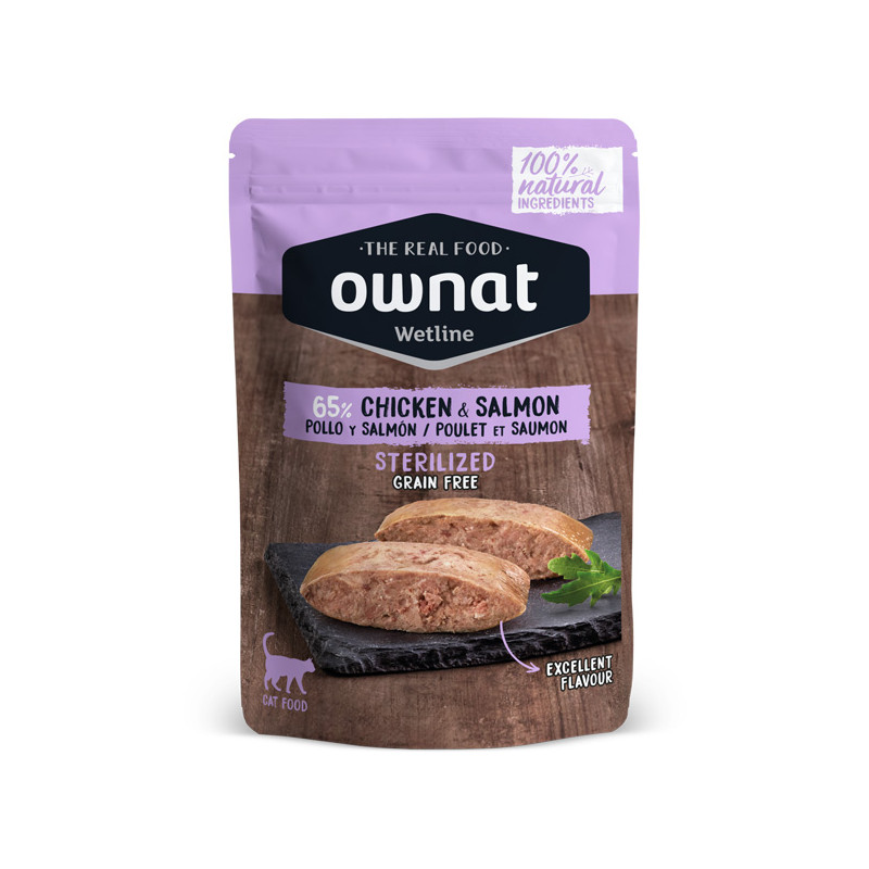 Ownat – Wetnat erwachsene Katze, sterilisiertes Huhn und Lachs, 85 g.