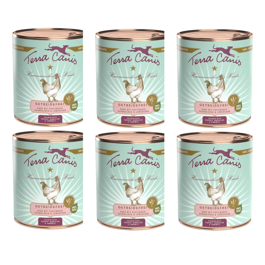 TERRA CANIS Grain Free Poulet avec panais, dente di leone et camomilla 6 x 800 g. TERRA CANIS Grain Free Poulet avec panais, dente di leone et camomilla 6 x 800 g.