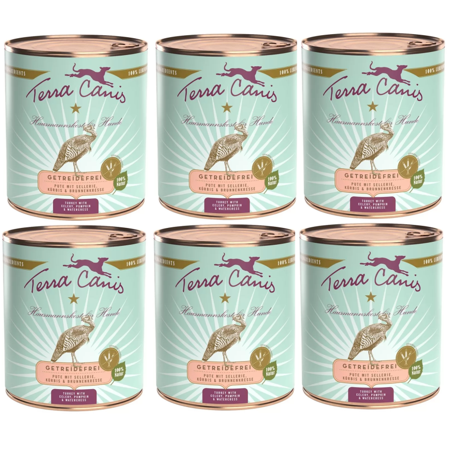 TERRA CANIS Grain Free Dinde avec sedano, citrouille et crescione d'acqua 6 x 800 g. TERRA CANIS Grain Free Dinde avec sedano, citrouille et crescione d'acqua 6 x 800 g.