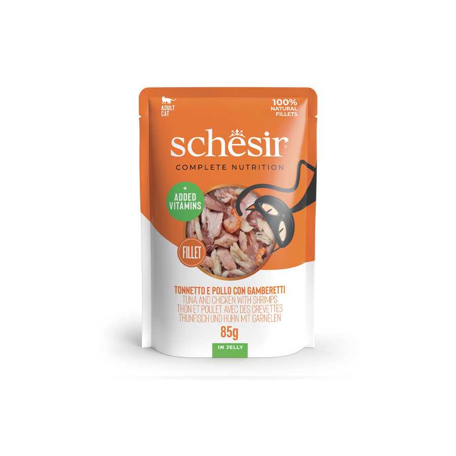 SCHESIR Filets de thon Poulet et Crevettes en gelée 85 g. SCHESIR Filets de thon Poulet et Crevettes en gelée 85 g.