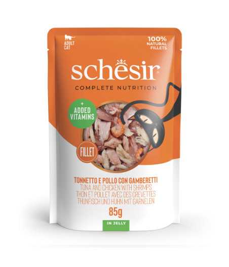 SCHESIR Filets de thon Poulet et Crevettes en gelée 85 g.
