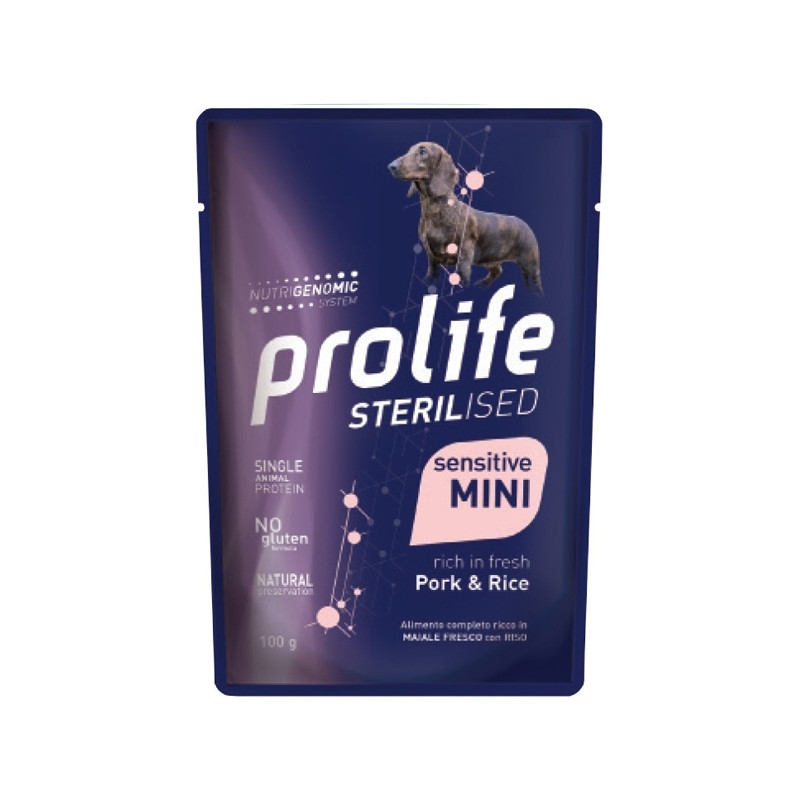 Prolife Sterilised Sensitive Adult Mini Pork Rice 100 GR. Prolife Sterilised Sensitive Adult Mini Pork Rice 100 GR.