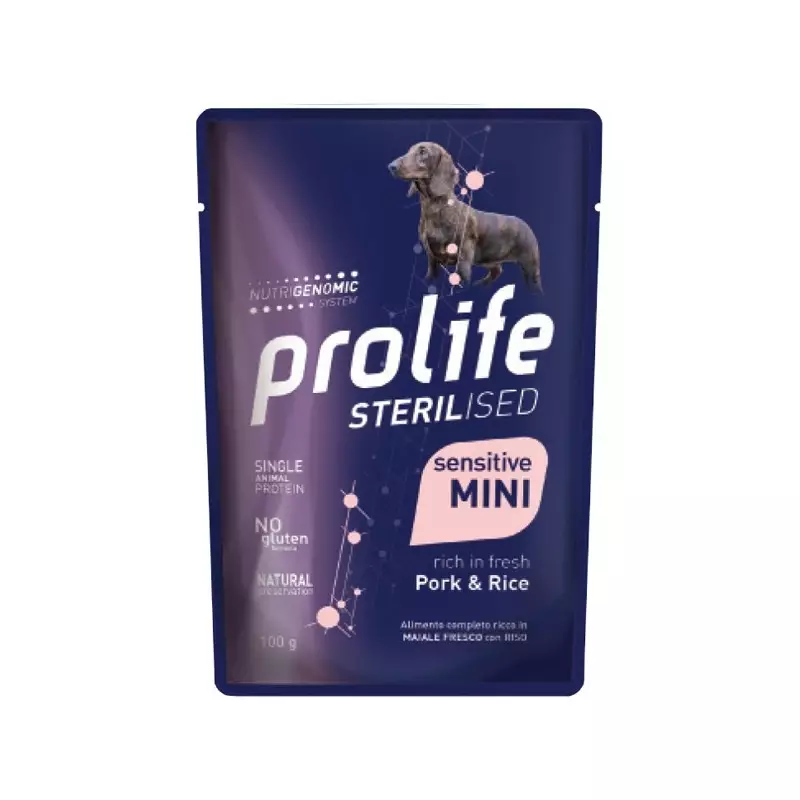 Prolife Sterilized Sensitive Adult Mini Pork Rice 100 GR. Prolife Sterilized Sensitive Adult Mini Pork Rice 100 GR.