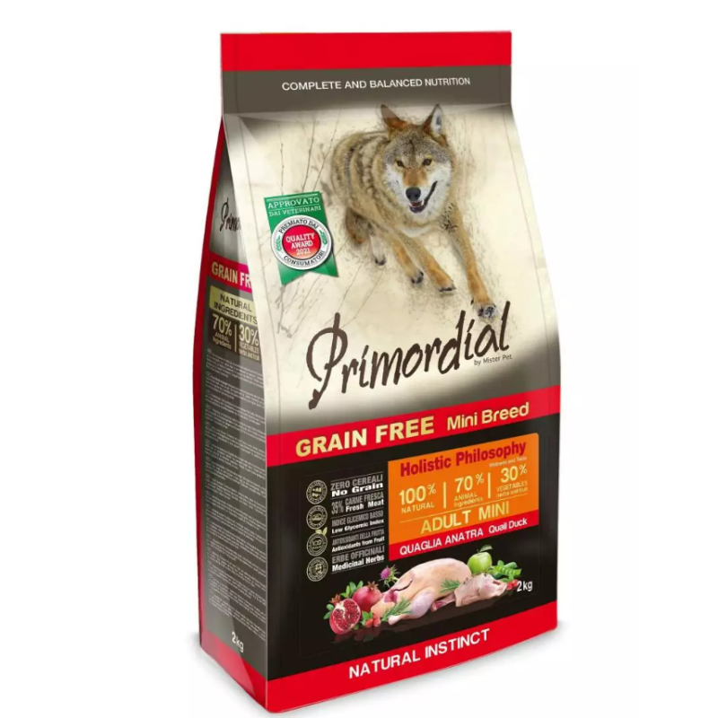 Primordial Mini GF Chien Adulto Caille et Canard 2 kg.