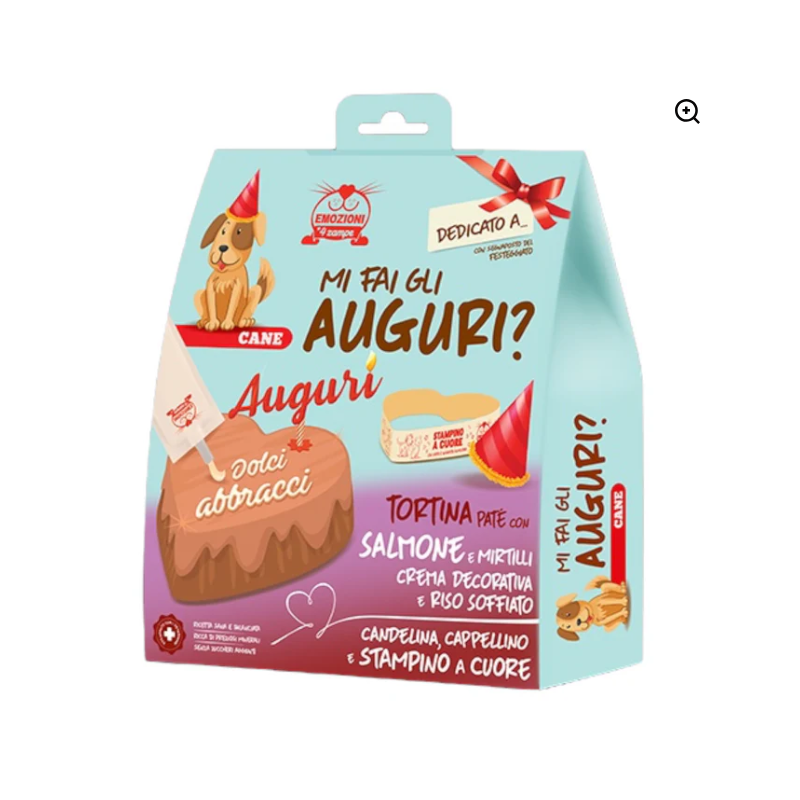 Emozioni 4 zampe cane kit auguri con salmone e mirtilli Emozioni 4 zampe cane kit auguri con salmone e mirtilli