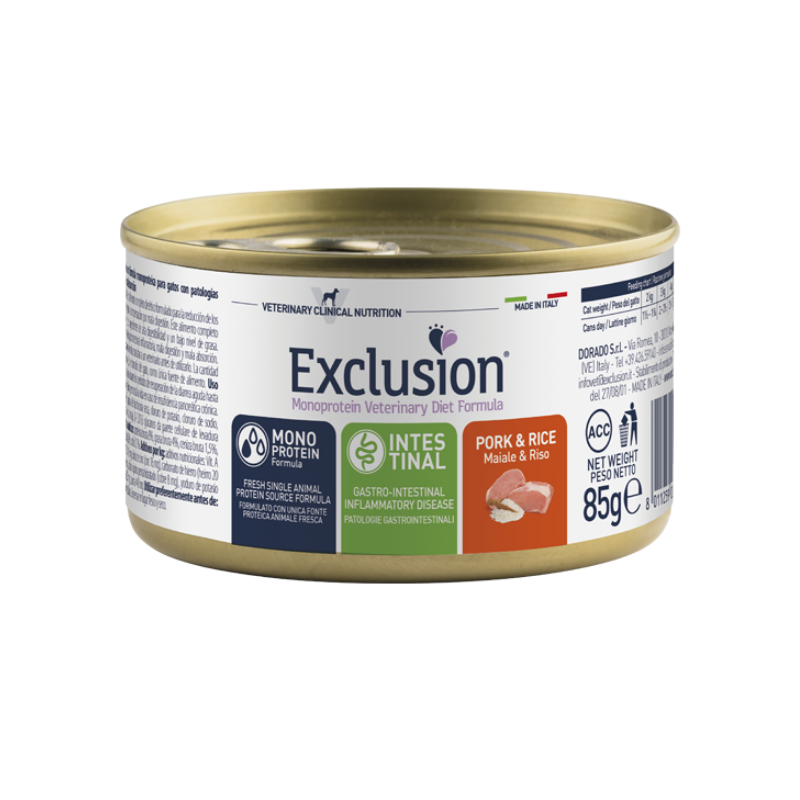 Exclusion - Diet Intestinal Cat Porc et Riz 85 g. Exclusion - Diet Intestinal Cat Porc et Riz 85 g.